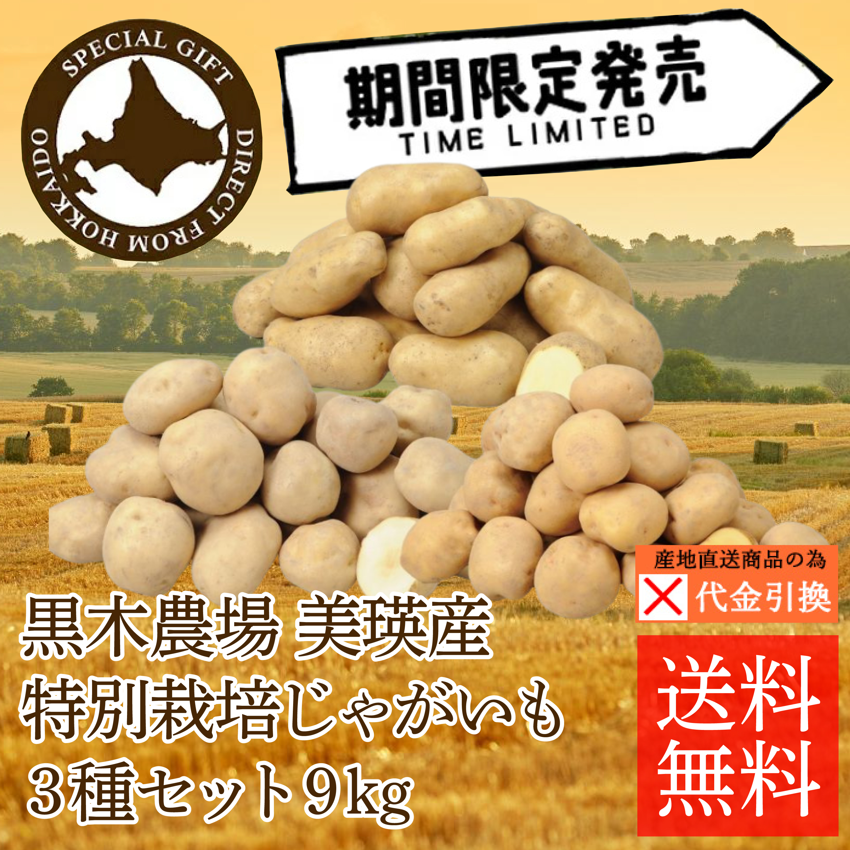☆好評予約受付中☆【代引不可】【送料込】【数量限定】美瑛産特別栽培じゃがいも３種セット　９kg【10月中旬頃から順次発送】【出荷日・配達日指定不可】