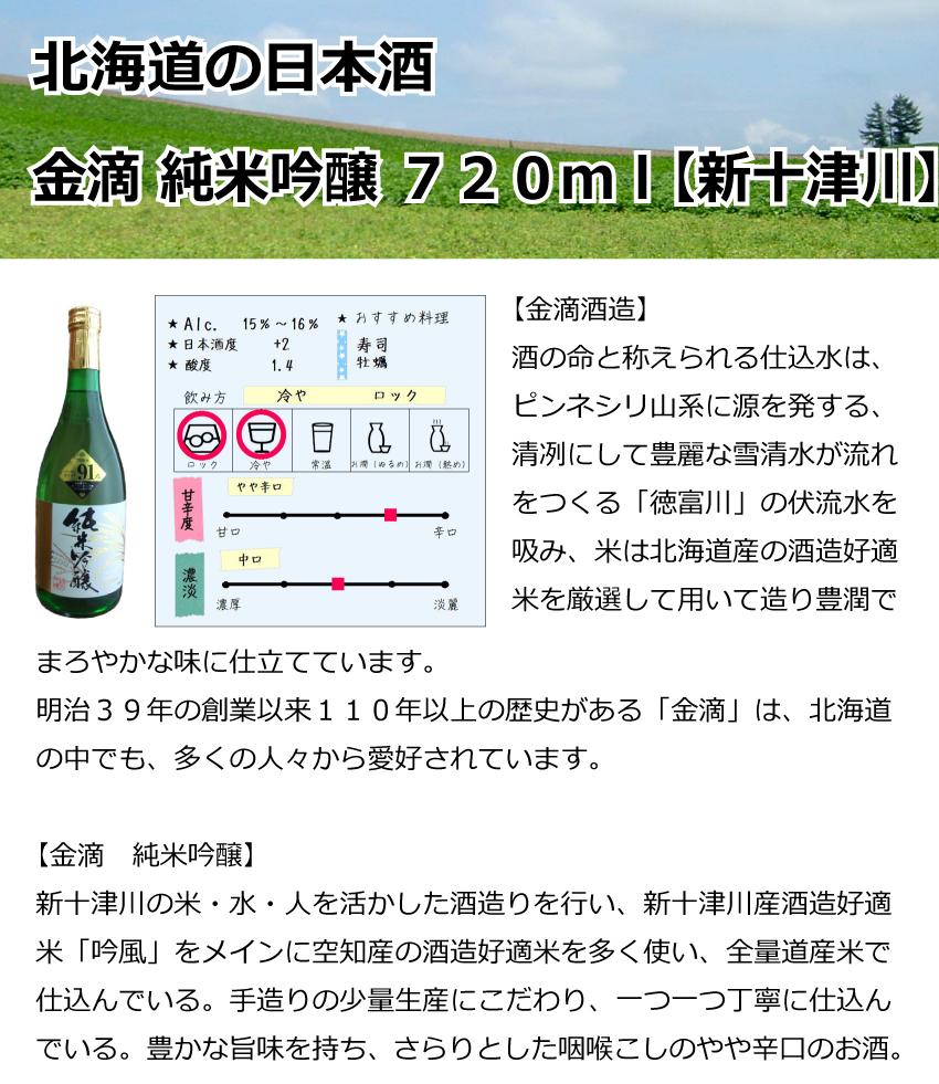 金滴　純米吟醸　720mＬ【新十津川】【日本酒】【辛口】　　