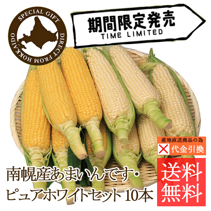 ☆好評予約受付中☆【送料込】【代引不可】北海道南幌町産とうもろこし　あまいんです・ピュアホワイト各５本セット【お届け日指定不可】【発送期間：8月上旬頃から順次】
