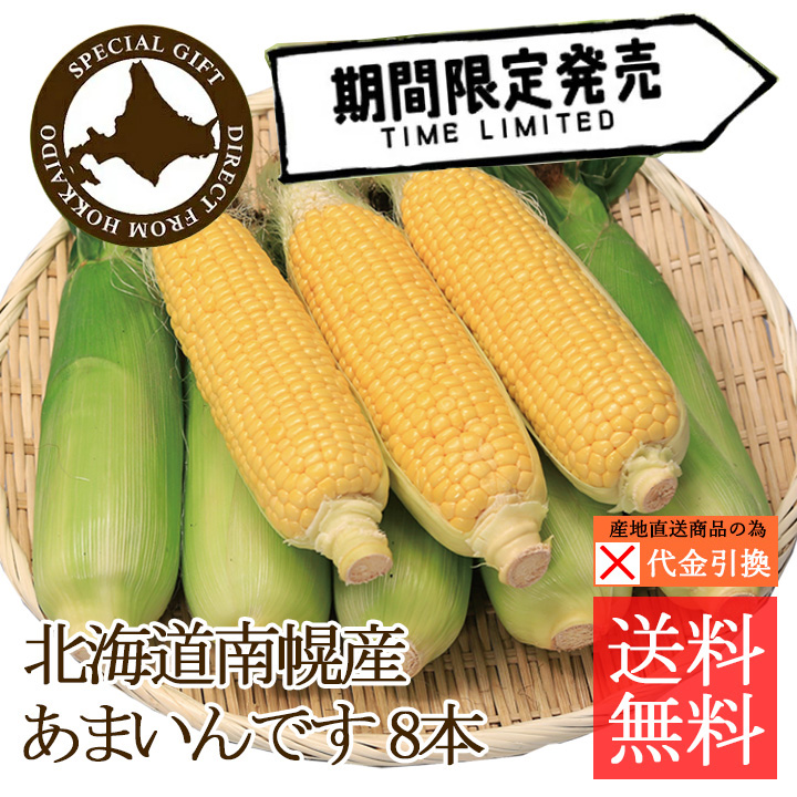 ☆好評予約受付中☆【送料込】【代引不可】北海道南幌町産とうもろこし　あまいんです８本【お届け日指定不可】【発送期間：8月上旬頃から順次】