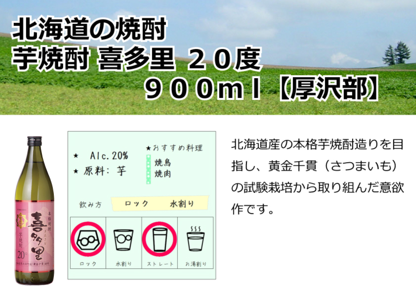 厚沢部　札幌酒精工業　芋焼酎　喜多里　20度　900ml【北海道】【焼酎】【芋】【乙類】