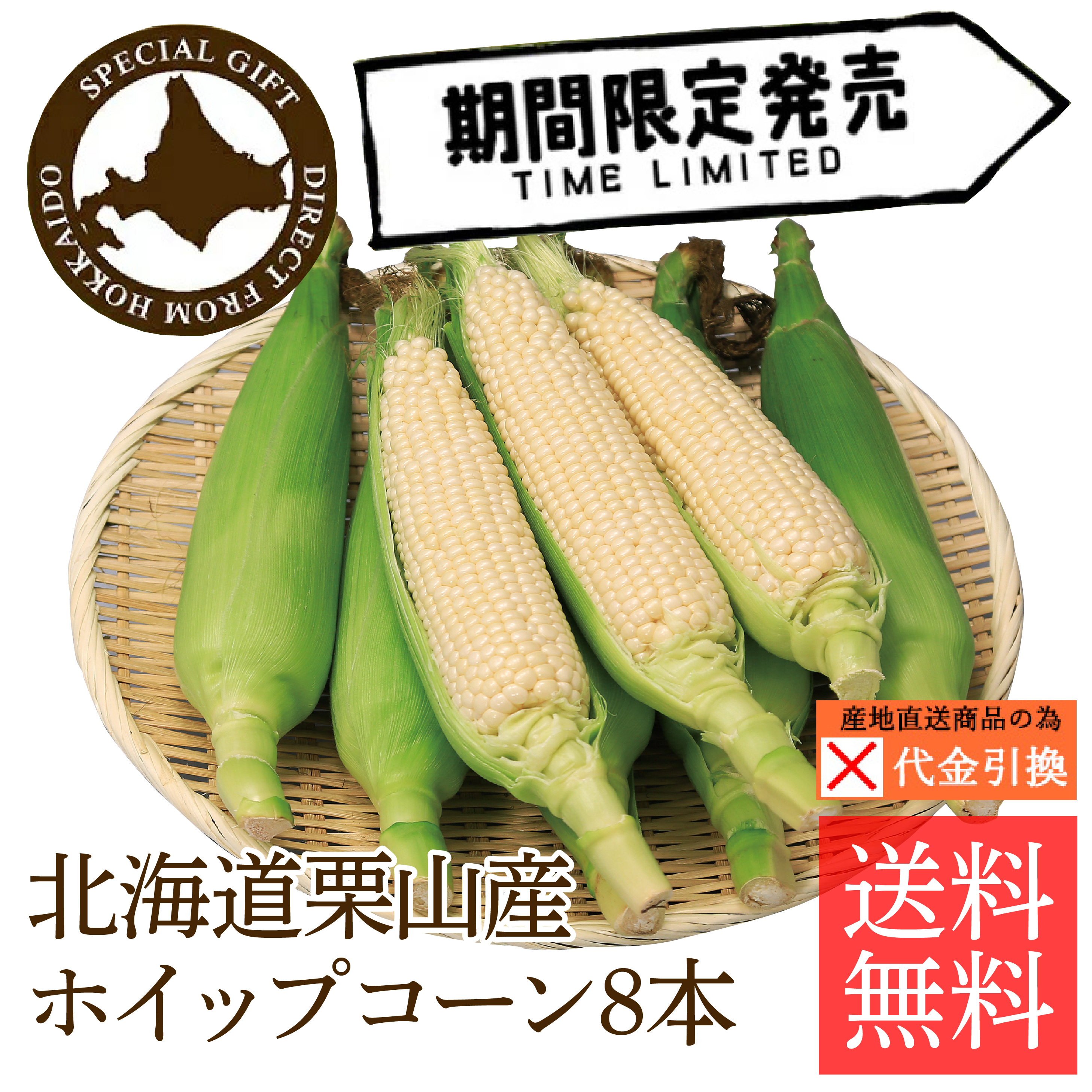 ☆好評予約受付中☆【送料込】【代引不可】北海道栗山町産とうもろこし　ホイップコーン８本【お届け日指定不可】【発送期間：8月下旬頃から順次】